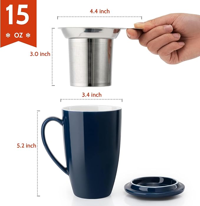 Sweese 15oz Ceramic Tea Cup with Infuser and Lid, Microwave and Dishwasher Safe, Extra-Fine Loose Leaf Tea Steeper, Comfortable Handle, Tea Set in Gift Box, Dark Blue - Image 2