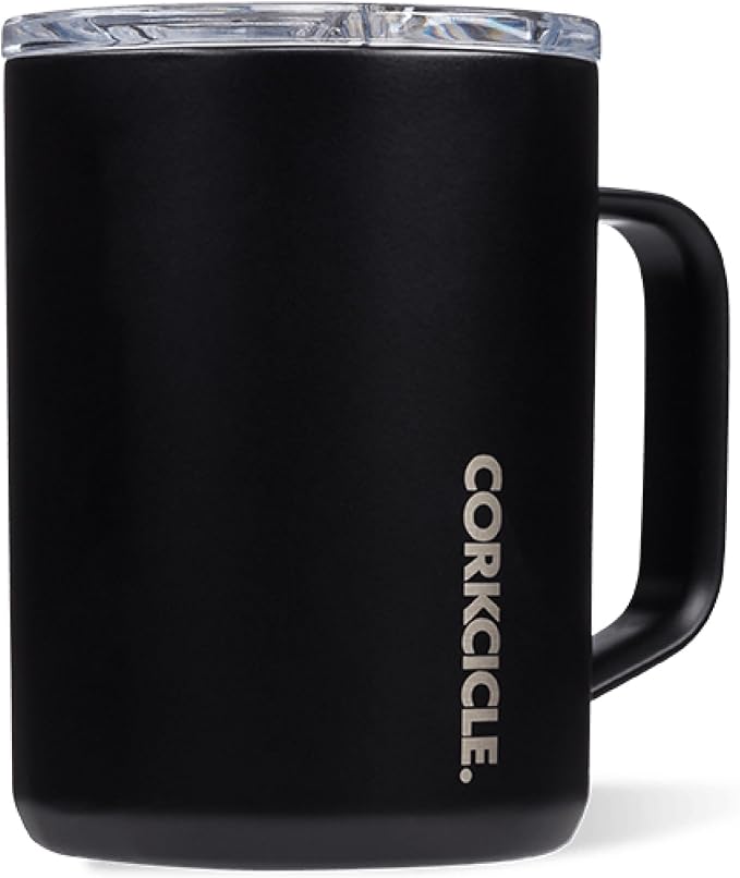 Corkcicle Classic Coffee Mug - Triple Insulated Stainless Steel for Travel - Shatter-Proof Lid - Easy Grip - Keeps Drink Hot Over 3 Hours - Holiday Mug Gift - Great for Gifting Warmth - 16 oz - Black by Corkcicle