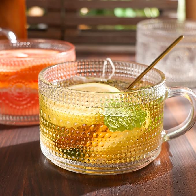 Vintage Glass Coffee Mugs Set of 4,14 OZ Embossed Glass Coffee Cups Coffee Mugs for Cereal, Yogurt, Latte, Clear Breakfast Cups with Handle for Housewarming Gifts (2*Flower+2*Beads) - Image 4