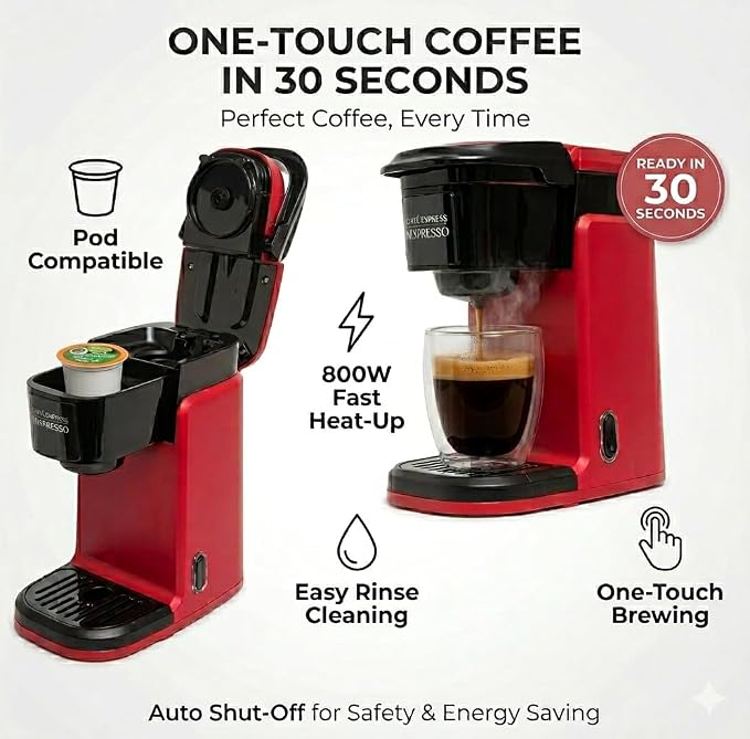 Mixpresso Single Serve Coffee Maker K Cup Coffee Maker for K Pods & Grounds | Compact 800W Red Coffee Machine with 12 Oz Water Tank, Fast Brew & Auto Shut-Off, Small Design for Travel, Office, RV & Dorm - Image 4
