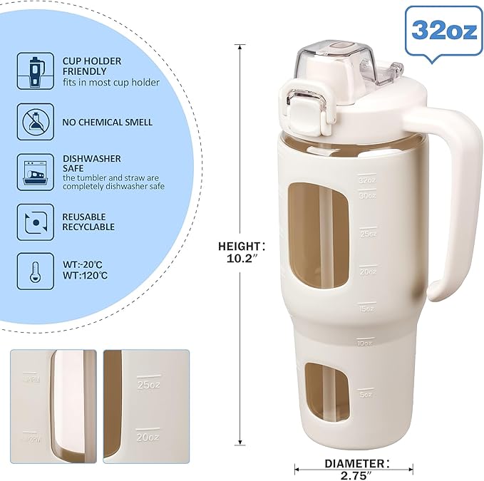 32oz Glass Tumbler with Straw Handle and 2-IN-1 Sip & Spout Lid, Reusable Iced Coffee Cup for Smoothie, Matcha, Milkshake, Leakproof Glass Water Bottle with Straw and Silicone Sleeve, BPA Free-White