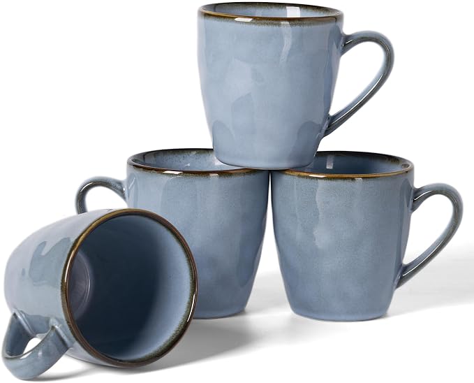 famiware Coffee Mugs Set of 4, Ocean Round 11.5oz Coffee Cup Set with Handle for Cocoa, Milk, Hot Chocolate, Tea or Water, Stoneware Cups for Kitchen, Reactive Glaze, Microwave Dishwasher Safe, Blue by Famiware