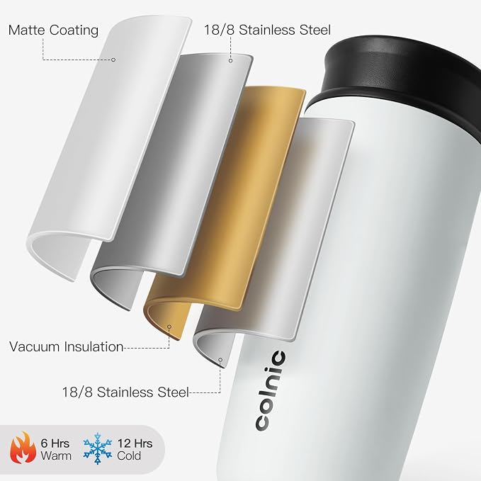 Travel Coffee Mug with 360°Lid, 12 oz Coffee Tumbler Insulated Travel Mugs for Hot and Cold, Vacuum Insulated Stainless Steel Coffee Cup Leak Proof Spill Proof-Matte White - Image 7
