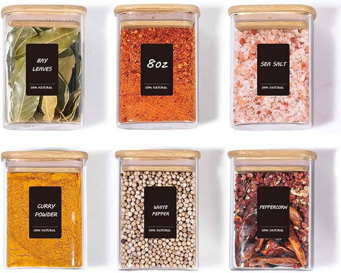 ComSaf Spice Jars 8oz Set of 6, Small Seasoning Containers with 9 Labels | Small Glass Jars With Labels, Empty Rectangle Canisters, Spice Rack Organization, Loose Tea, Herb, Powder, Dry Good, BPA Free - Image 9