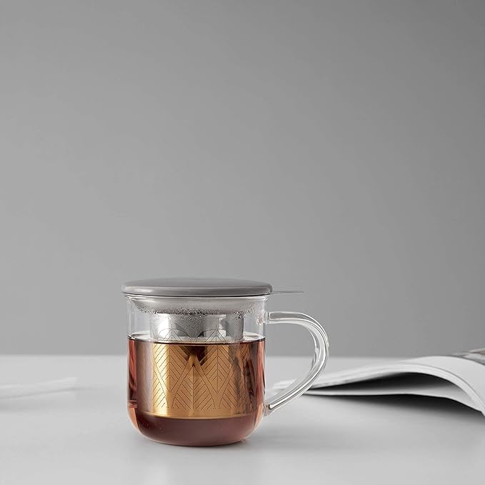 VIVA Minima Eva Glass Tea Cup with Mesh Infuser - Coffee Mug With Porcelain Lid/Saucer - 14 oz / 400 ml, Wool