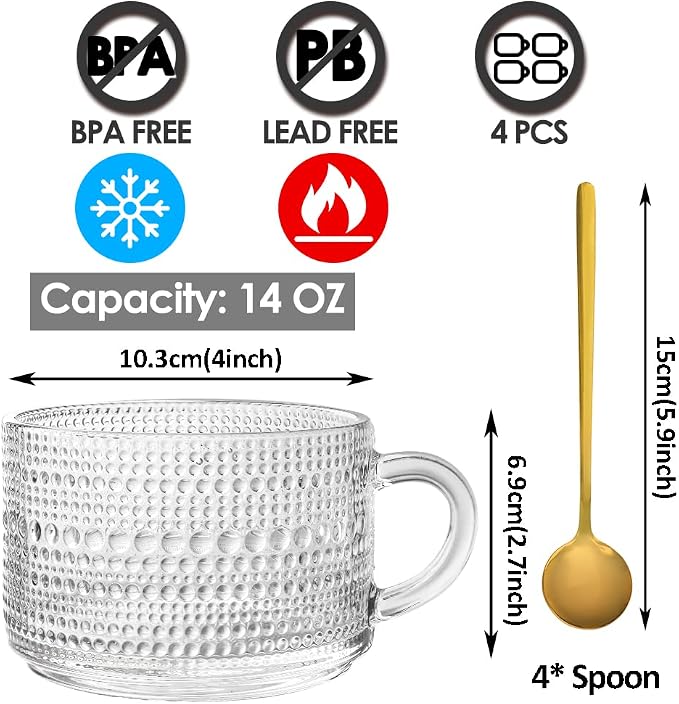 Vintage Glass Coffee Mugs Set of 4, 14 Ounces Embossed Glass Coffee Cups Stackable Coffee Mugs for Cereal, Yogurt, Latte, Clear Breakfast Cups with Handle for Hot or Cold Beverages (Beads*4) - Image 2