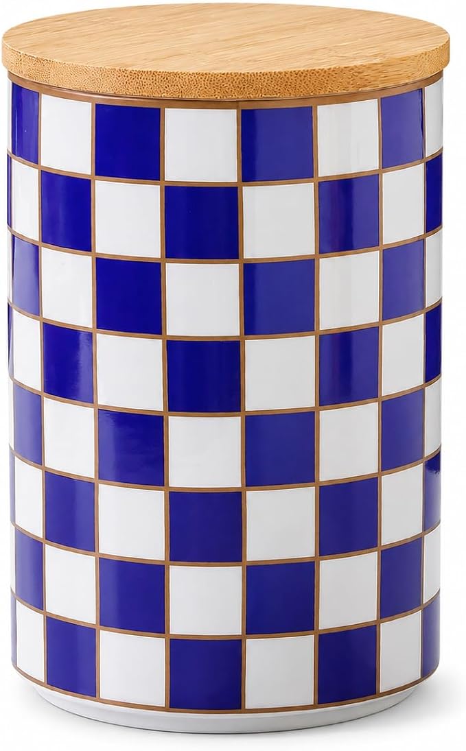 Kitchen Countertop Ceramic Checkered Canisters,Black And White Food Storage Containers With Lid,Airtight Kitchen Canisters for Flour, Sugar, Coffee, Tea, and Dry Goods (Blue, XL) by XYQXYQ