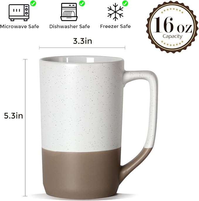 16 OZ Large Coffee Mug, Two Color Combination Big Ceramic Tea Cup with Square Handle with Black Speckled for Men Women Restaurant Home Office Hot Drinks, White - Image 2
