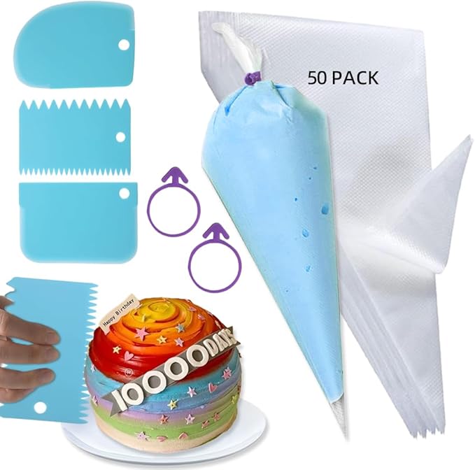 Beginner Cake Decorating Kit,50Pcs 12Inch Piping Bags Disposable with 3 Cake Scraper Smoother for Cake Decorating,Thickened Anti Burst Icing Bags,Pastry Bags for Cream Frosting,Cookies,cupcakes