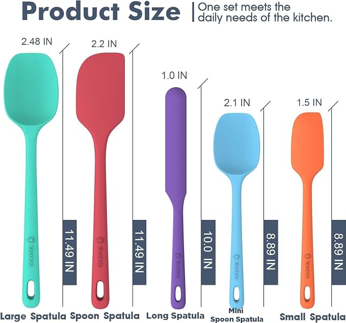 ChefAide 5 Pieces Silicone Spatula Set, Food Grade Rubber Spatula, Upgrade Strong Handle with Ergonomic Grip, Heat Resistant Up to 600°F for Nonstick Cookware, Cooking - Image 2