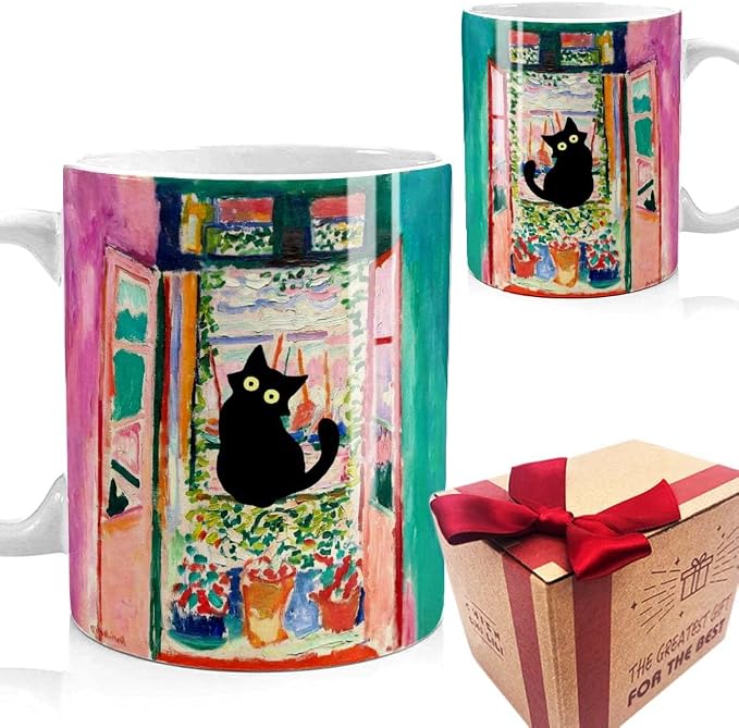 Famous Art Paintings Funny Cat Coffee Mug for Artist Art Lover Teacher Cat Lovers, Famous Picture Classic Vincent Aesthetic Canvas Mug Birthday Gift for Women Man (Open Window) by SUUURA-OO