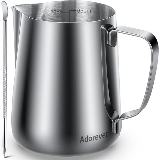 Milk Frothing Pitcher, 22oz 650ml Milk Frother Cup Stainless Steel Steaming Pitcher, Coffee Bar Cappuccino Espresso Machine Accessories Barista Tools, Metal Steamer Cup Mug Milk Jug with Latte Art Pen
