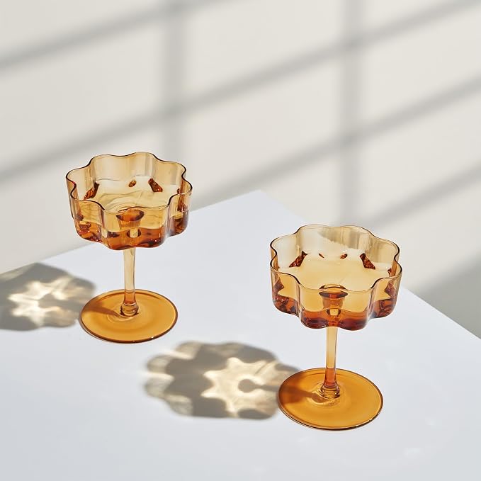 Flower Scalloped Vintage Wavy Petals Wave Glass Coupes 7oz Colorful Martini, Champagne & Cocktails, 2 Set Amber Rippled Champagne Glasses, Elegant Bar Glassware, Unique Aesthetic Coupe Glassware Gifts by Khen