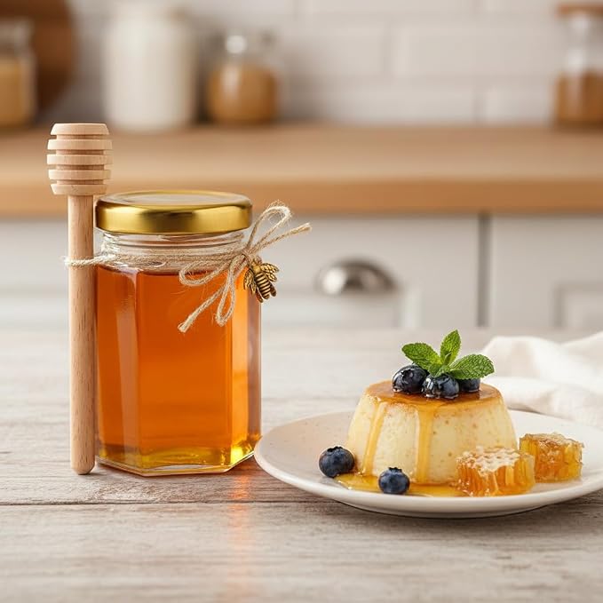 Adabocute 4oz Hexagonal Honey Jars - Glass Honey Jars with Gold Lids, Wooden Dippers, Bee Charms and Jutes - Hexagon Jars for Baby Shower, Wedding and Party Favors, 12 Pack - Image 4