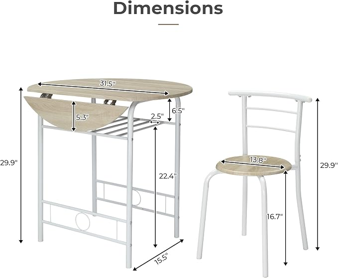 VINGLI 31.5" Drop Leaf Dining Table Set for 2, 3 Pieces Dining Table with Chair for Small Space, Small Kitchen Extendable Folding Dining Table for Dining Room，Home, Apartment, Saving Places, White Oak - Image 7