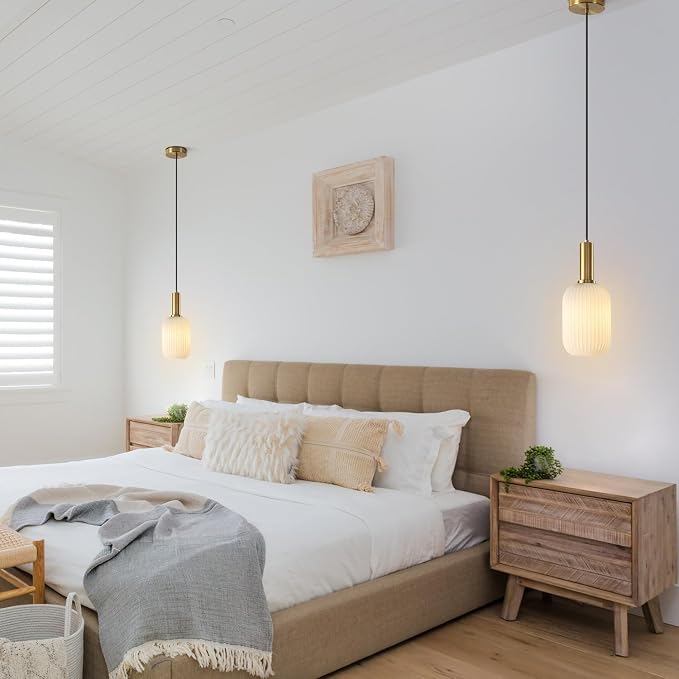 KCO Brushed Brass 5.1” Small White Milk Ribbed Cylinder Glass Pendant Light | E26 Bulb Hardwired, Mid Century Modern Vintage Adjustable Hanging Lamp for Sloped Ceiling Kitchen Island Dining Room Bedroom - Image 5