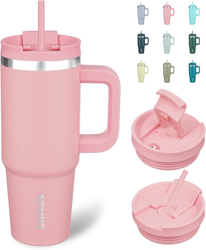 BJPKPK 30 oz Insulated Tumbler with Handle & Straw, Stainless Steel | Double Wall Vacuum Insulation, Leak Proof, BPA Free, Dishwasher Safe, Cupholder Friendly, Travel & Outdoor, Light Pink by BJPKPK