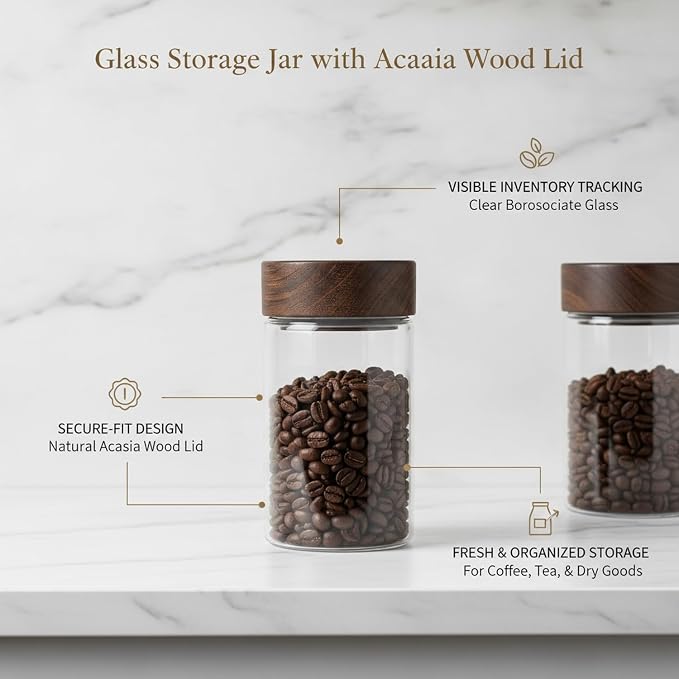 Home Organizers Glass Canister with Acacia Wood Lid, Borosilicate Jar for Coffee Tea Sugar Dry Goods Pantry Storage - Image 4