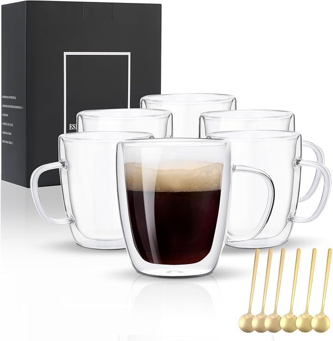 VENVENWEAVS Glass Coffee Mugs Set Of 6, 13.5 OZ Insulated Double Wall Coffee Cups, Perfect for Cappuccino, Latte, Americano, Tea Bag, Beverage,Glass Coffee Cups With Handles by PREMIUMGLASSWARE