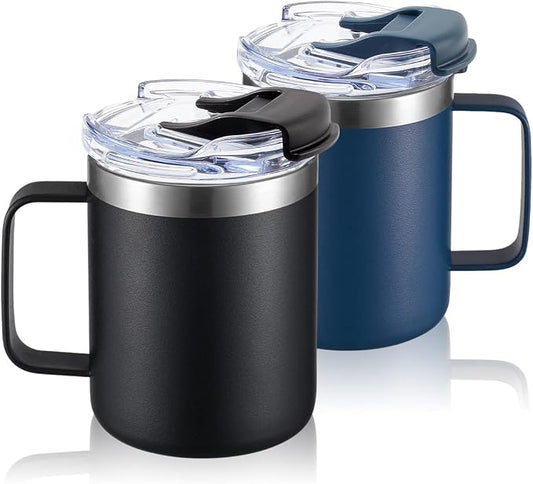 12oz Insulated Travel Coffee Mug with Handle, Black Navy, 2 Pack | Stainless Steel Coffee Tumbler with Lid, Double Wall Vacuum Thermal Cup for camping by ALOUFEA