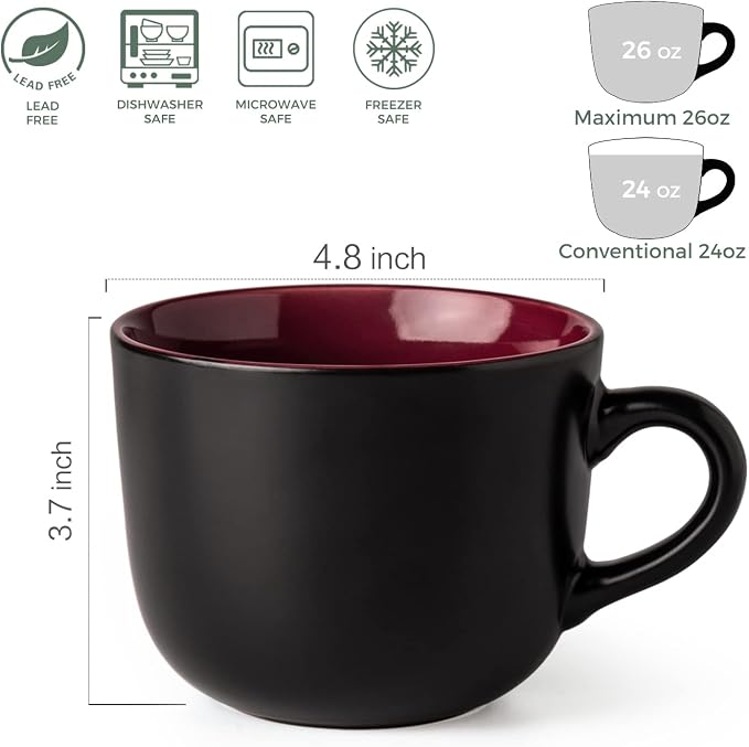 GBhome Jumbo Soup Mugs with Handles, 24 Oz Large Coffee Mugs Set of 4 | Ceramic Soup bowls for Soup Cereal Snacks Salad Noodles Cups, Microwave safe - Matte Black, Red Inside - Image 2