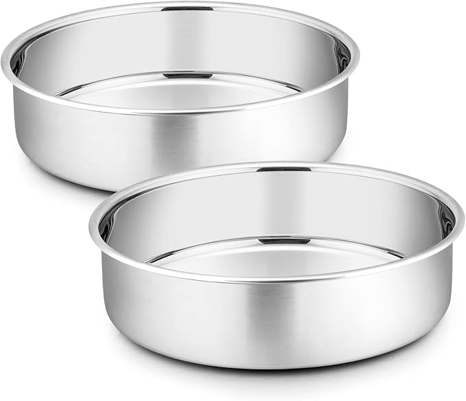P&P CHEF 8 Inch Cake Pan Set of 2, Stainless Steel Round Baking Cake Pans | For Baking Serving, Non Toxic & Healthy, Leak-proof & Easy Clean, Mirror Finish & Easy Releasing, Oven & Dishwasher Safe by PPCHEF