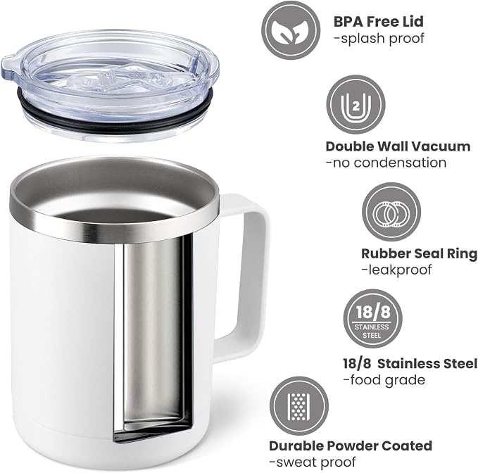 MEWAY 12oz Coffee Mug With Handle 2 Pack Bulk,Stainless Steel Insulated Travel Tumblers With Sliding Lid,Double Wall Vacuum Camping Cup for Hot & Cold Drinks Tea (White,Set of 2) - Image 2