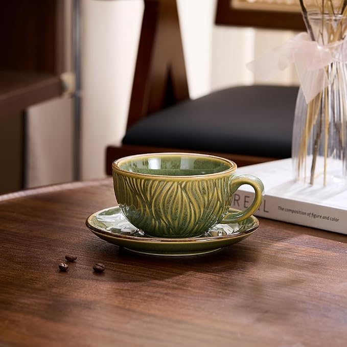 Coffeezone Vintage Design 12 oz Ceramic Latte Art Cappuccino Barista Cup with Saucer (Wave Green) - Image 6