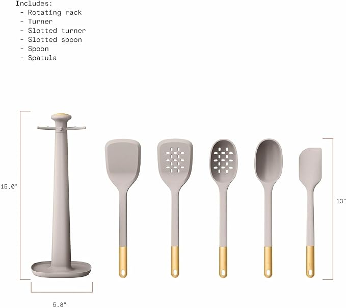Kitchen Utensil Set, 6-Piece Silicone Kitchen Utensil Set with Rotating Rack - Non-Scratch, Heat Resistant Tools & Gold Stainless Steel Handles (Taupe) - Image 2
