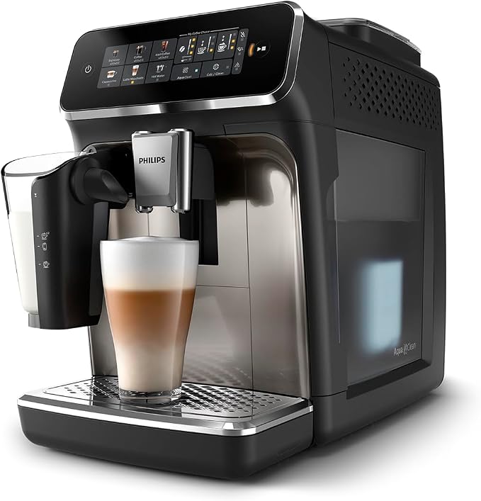 PHILIPS 3300 Series Fully Automatic Espresso Machine - LatteGo Milk System, 5 Coffee Varieties, Intuitive Touch Display, SilentBrew, 100% Ceramic Grinder, AquaClean Filter, Glossy Black (EP3347/90) by Unknown