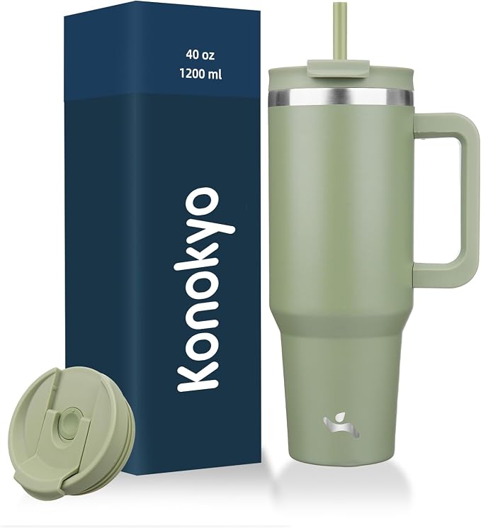 Konokyo 40 oz Insulated Tumbler Water Bottle with Handle, Straw Lid | BPA-free and dishwasher safe; made for gym, travel, coffee and gifting, 2 straws, cup holder friendly,Army Green by Konokyo