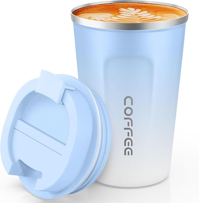 SPLMIFA Travel Coffee Mug Leak-Proof, Reusable Coffee Cups with Lids, Stainless Steel Vacuum Insulated Coffee Tumblers, Thermal Insulation Cup for Men and Women Hot & Cold Drinks(2nd-Blue White, 17OZ) by SPLMIFA