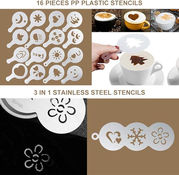 Milk Frother Handheld Art Set - with Milk Frother Pitcher, Powder Cocoa Shaker, Latte Art Pen, Coffee Stencils, Coffee Spoons