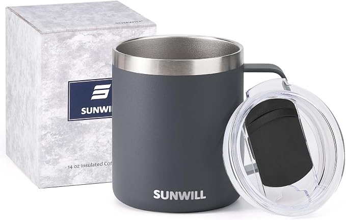 SUNWILL Travel Coffee Mug with Lid, Insulated Tumbler with Handle, 14 oz Stainless Steel Cup for Home, Office, Camping, Powder Coated Charcoal - Image 5