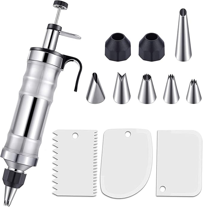 Dessert Decorating Syringe Set, Yellow Icing Decoration Set Stainless Steel Cupcake Injector/Decorating Icing Set with 6 Nozzle, 3 Scrapers, 2 Brushes for Baking Biscuit Cake Decoration (Black)