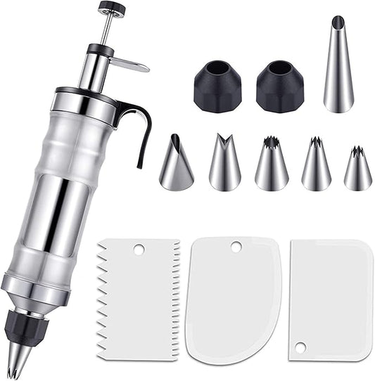 Dessert Decorating Syringe Set, Yellow Icing Decoration Set Stainless Steel Cupcake Injector/Decorating Icing Set with 6 Nozzle, 3 Scrapers, 2 Brushes for Baking Biscuit Cake Decoration (Black)