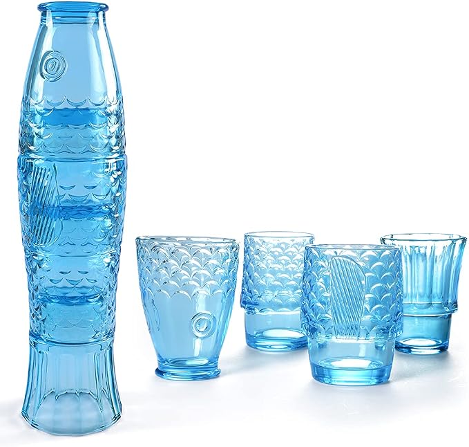 MDLUU Fish Design Tumbler Glasses, Stackable Drinking Glasses, Colored Glass Beverage Cups, Nautical Glassware for Gift, Set of 4 (Blue) by MDLUU