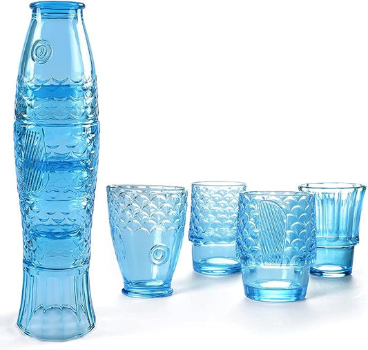 MDLUU Fish Design Tumbler Glasses, Stackable Drinking Glasses, Colored Glass Beverage Cups, Nautical Glassware for Gift, Set of 4 (Blue) by MDLUU