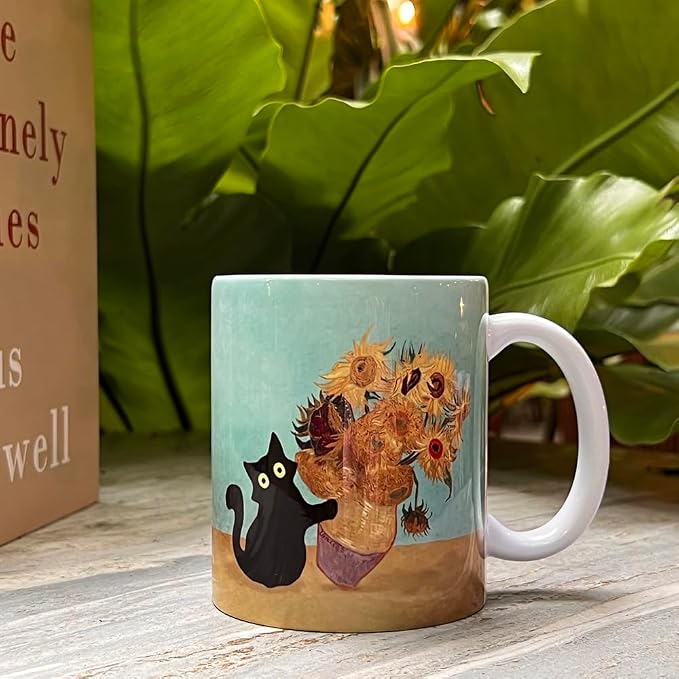 Famous Art Paintings Funny Cat Coffee Mug for Artist Art Lover Teacher Cat Lovers, Famous Picture Classic Vincent Aesthetic Canvas Mug Birthday Gift for Women Man (Black Cat Sunflower) - Image 4