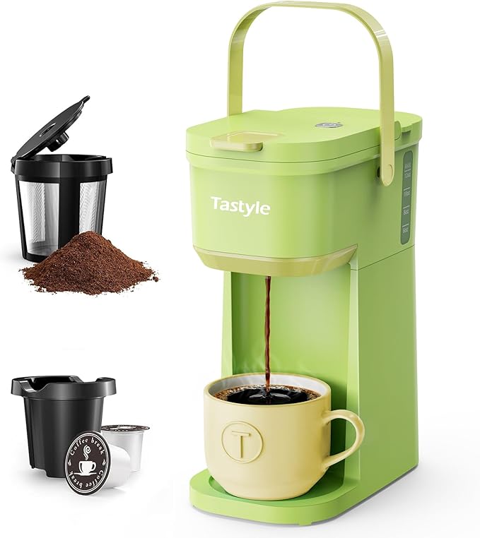 Tastyle Mini Single Serve Coffee Maker for K Cups and Grounds with Handle | for Travel, Camping, Office, RV and Dorm, Portable Handle, 120V, 6 to 12 Oz Brew Size, BPA Free, K302, Lime Green by Tastyle