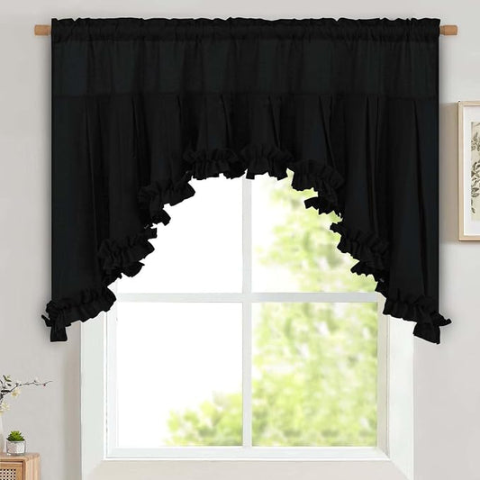 Likiyol Linen Swag Valances for Windows Farmhouse Ruffle Valance Rustic Country Window Valances Light Filtering Kitchen Curtains Rod Pocket Valance Curtains for Bathroom Cafe, Black, 60" W x 36" L by Likiyol