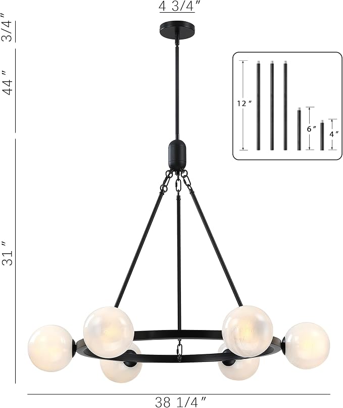 6-Light Globe Chandelier Mid Century Black Chandeliers,Modern Globe Round Pendant Light Fixture for Dining Room Over Table,Sputnik Pendant Light Fixture for Living Room Foyer Bedroom T720666CH-BK - Image 3