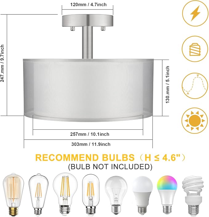 FOLKSMATE Silver Semi Flush Mount Ceiling Light Fixture, 3-Light Drum Light with Double Fabric Shade, Modern Close to Ceiling Lamp for Living Room, Bedroom, Dining Room, Kitchen, Hallway, Entry, Foyer - Image 2