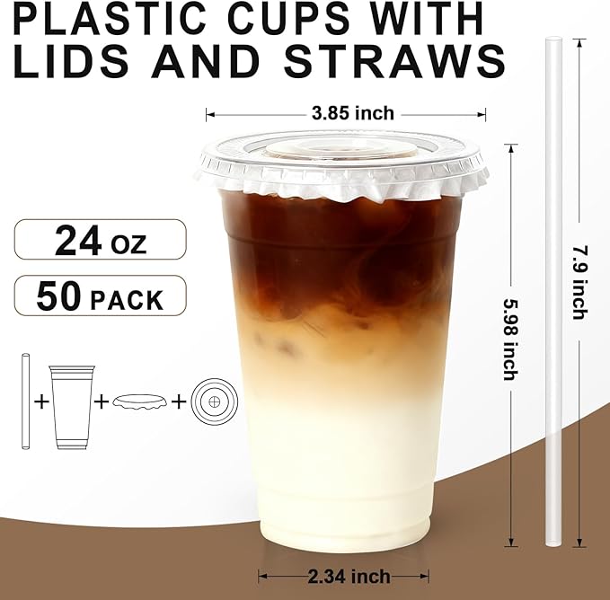 Lamosi 50 Pack 24 oz Clear Plastic Cups with Lids and Straws, Disposable Plastic Coffee Cups with Lids for Iced Coffee, Cold Beverages, Smoothies and To-Go Drinks