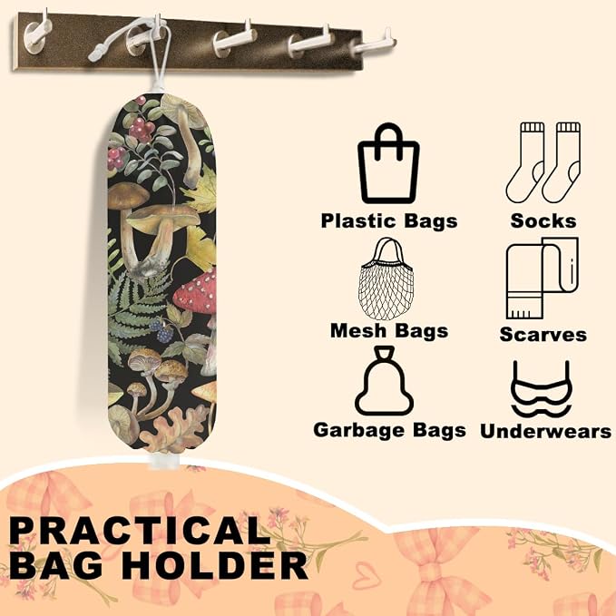 2Pcs Mushroom Plastic Bag Holder, Wall Mount Grocery Bag Holder | Summer Leaves Plastic Bag Holder, Reusable Grocery Bag Storage Dispenser, Farmhouse Kitchen Home Decor - Image 3
