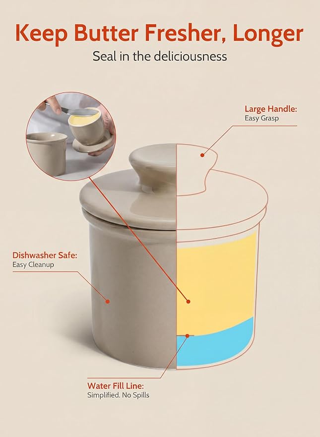 Sweese Counter with Water Line for Fresh Spreadable Butter - French Butter Keeper with Lid - Housewarming Gift For The One Who Has It All - Latte Brown - Image 6
