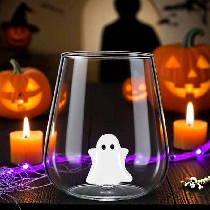 Halloween Wine Glasses, Ghost and Pumpkin Stemless Wine Glasses | Clear Spooky Drinking Cups for Dinner Party Birthday Holiday, Cute Fun Fashioned Decorated Unique Glassware Gift - Image 6
