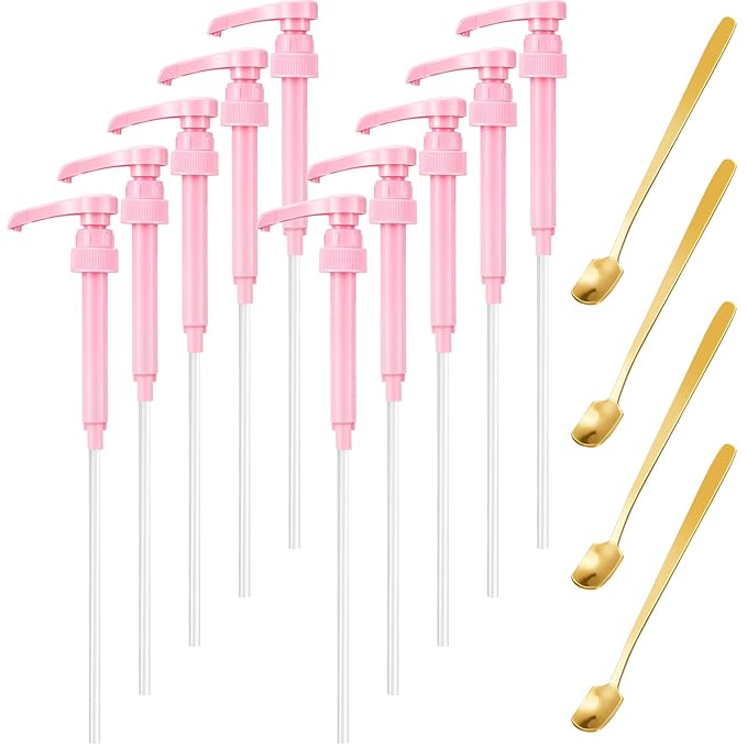 Patelai 14 Pcs Coffee Syrup Pumps for 750 ml/25.4 Oz Bottles Square Reusable Coffee Stirrers Set Included 10 Pcs Pink Coffee Syrup Pump Dispenser and 4 Pcs Iced Teaspoon for Drinking Mixes Flavoring