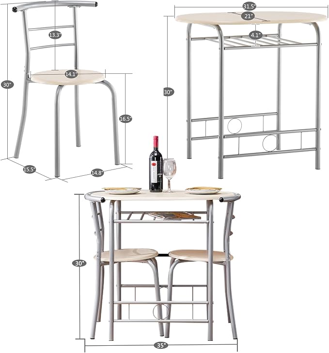 VINGLI 3 Piece Dining Set, Small Kitchen Table Set for 2, Breakfast Table Set, Kitchen Wooden Table with 2 Chairs for Small Space/Dining Room/Apartment, Metal Frame, Wine Rack, Beige - Image 7