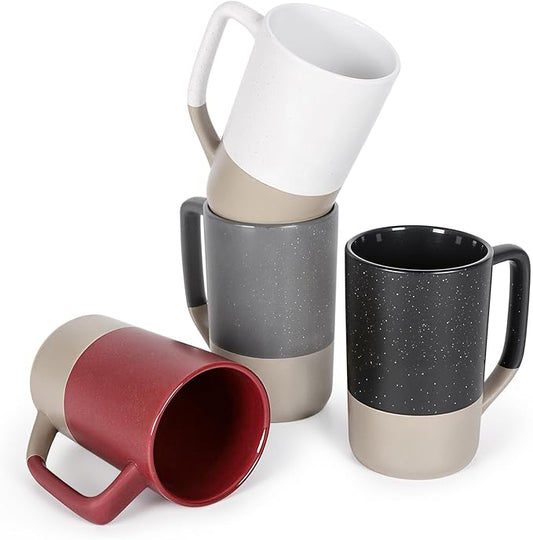 16 OZ Large Coffee Mugs Set of 4, Two Color Combination Big Ceramic Tea Cup with Square Handle with Speckled for Men Women Restaurant Home Office Hot Drinks, Assorted Colors by SHOWFULL